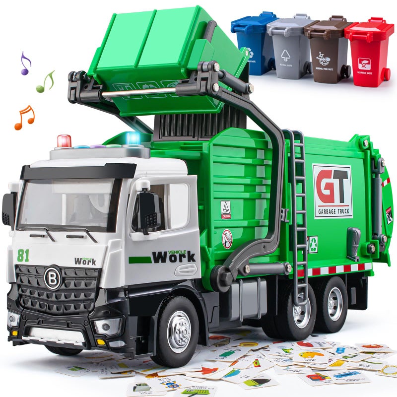 TAKGUD Garbage Truck Toys for Boys  12"" Big Trash Truck with Lights and Sounds  Friction Powered Waste Management Recycling Toy Set with 4 Trash Cans and Sorting Cards  Gift for Kids - Image 1